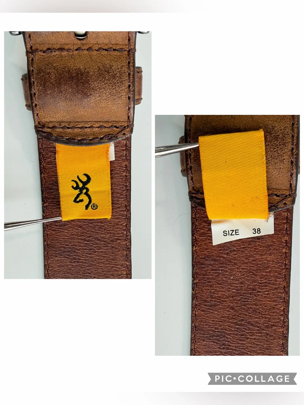 Vintage Browning brown leather belt textile green camo inlay silver logo sz 38